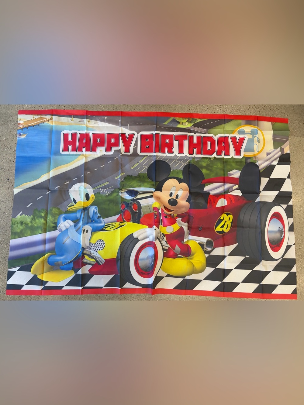 Disney Mickey Racing 'Happy Birthday' Banner with Red, Yellow, Blue Accents
